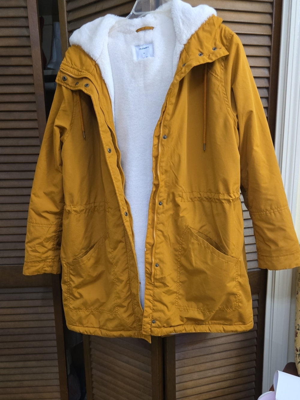 NWOT Old Navy Mustard Hooded Puffer Coat with White Sherpa Lining